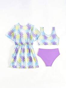 Bộ áo tắm tankini in họa tiết toàn thân dành cho bé gái, kèm áo khoác ngoài. - Nhiều màu - Xem 2