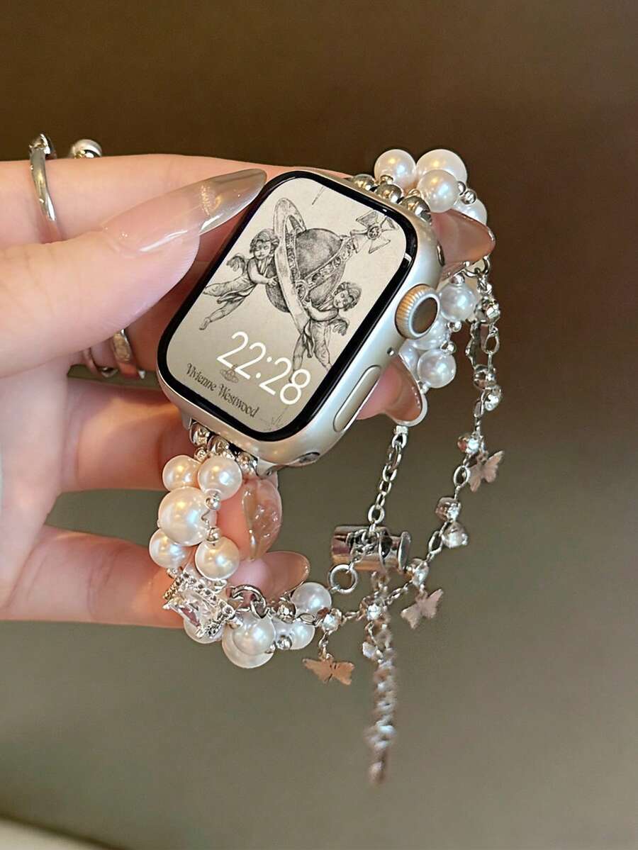 1条女士高品质银色金属蝴蝶珍珠链表带，适用于38/40/41/44/45/49/42/46mm S11/SE3/Ultra3/Ultra/SE/SE2/10/9/8/7/6/5/4/3/2/1 - [公主鏈] 銀鍊 - 查看 1