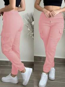 Women's Fashion Elegant Solid Color Casual Pocket Elastic Waist Drawstring Cargo Pants - Hồng 25 - Xem 2