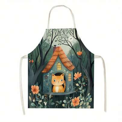一件印有猫咪和小房子图案的围裙，适用于厨房、客厅、餐厅、酒店、户外烧烤等场合。采用 100% 涤纶面料，大号，可机洗。