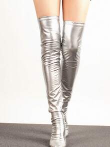 Élanzette 1 Pair Women's Shiny Reflective Metallic Silver Over-The-Knee Long Socks, Elastic Thigh-High Stockings With Glossy Finish, Hand Washable, - Silver - View 3