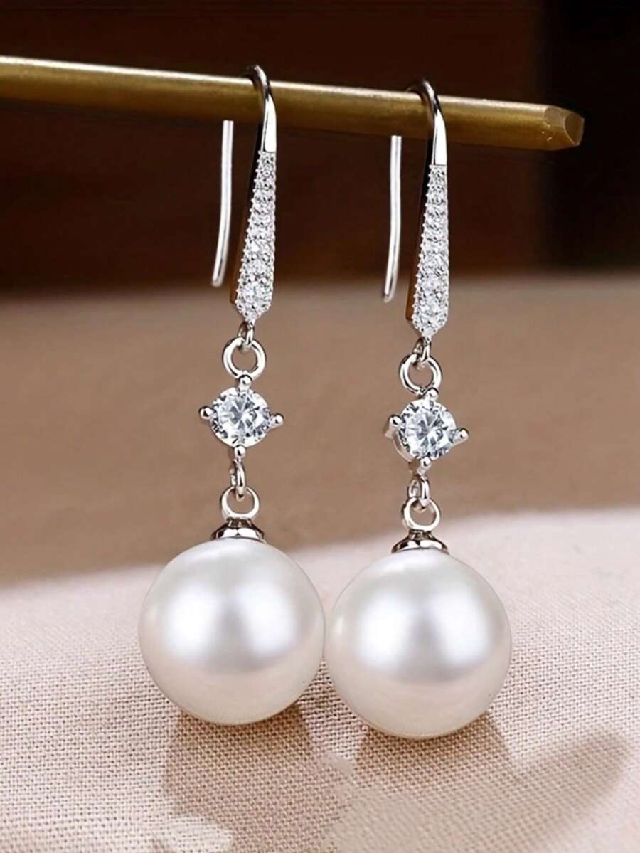 1 Pair Elegant Minimalist Pendant Earrings, Sparkling Delicate Accessories Suitable For All Occasions, Perfect Holiday Gift - White - View 1