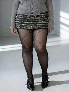 1 Pair Plus Size Black Sheer Glitter Plaid Jacquard Pantyhose, Sexy & Shiny, Suitable For Daily Wear - Black Checkered Glitter - View 5
