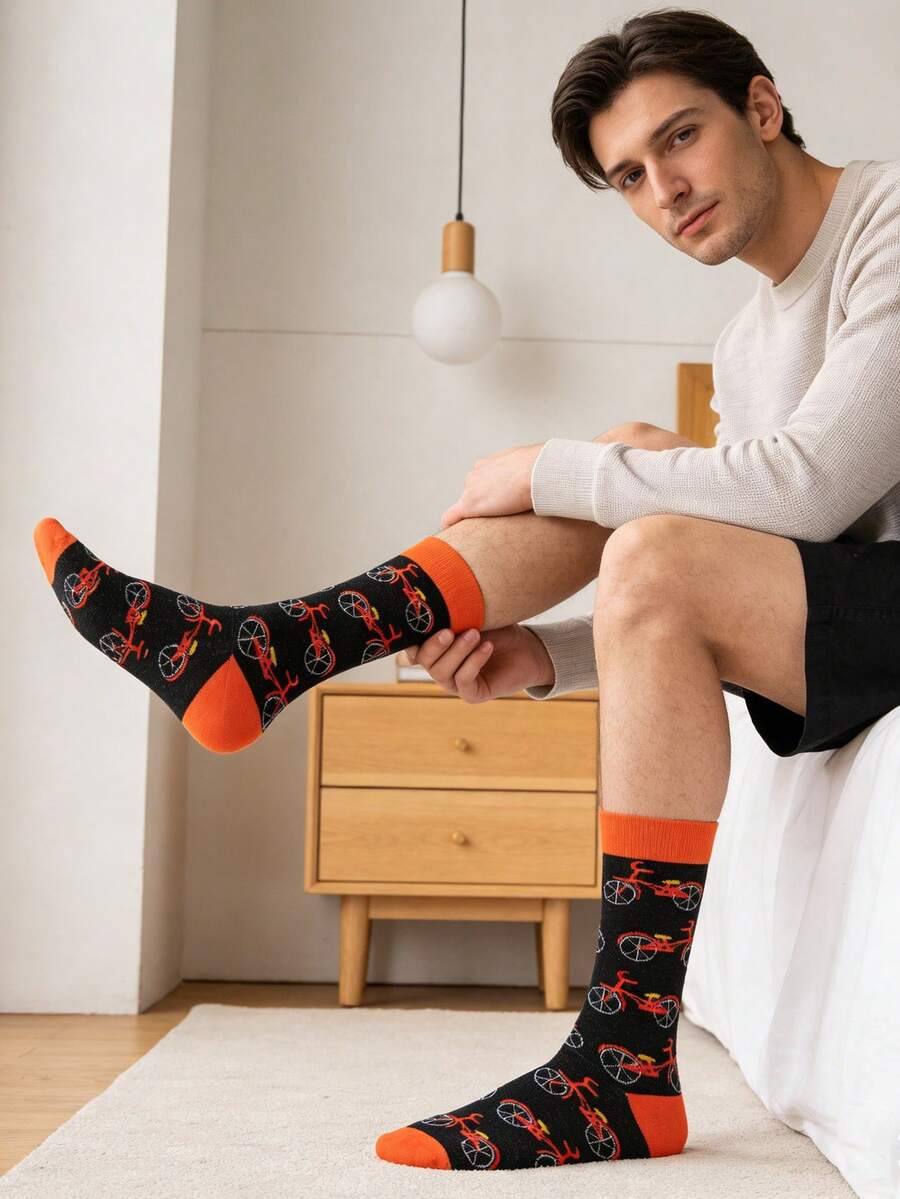 1 Pair Men's Black & Orange Bicycle Pattern Mid-Calf Socks, & Versatile For All Seasons - Multicolor - View 1