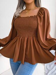 Blusa de manga larga de gasa con volantes y cuello cuadrado | Estilo casual, nueva colección de primavera/verano - marrón café - Ver 8