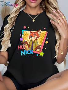Casual Women's Disney Graphic T-Shirt, Featuring Nick Wilde "Her Nick" Design (Red Fun Print) - Versatile For Dates, Hangouts & Casual Outings, Popular Women's Cartoon TeeMade From Soft, Comfortable, And Durable Pure Cotton, This Is An Ideal Choice For Spring And Summer. This Crew Neck T-Shirt Is Suitable For Various Occasions, Including Everyday Wear, Shopping, Parties, Travel, And Gatherings, And Also Makes A Thoughtful Gift. - White - View 1