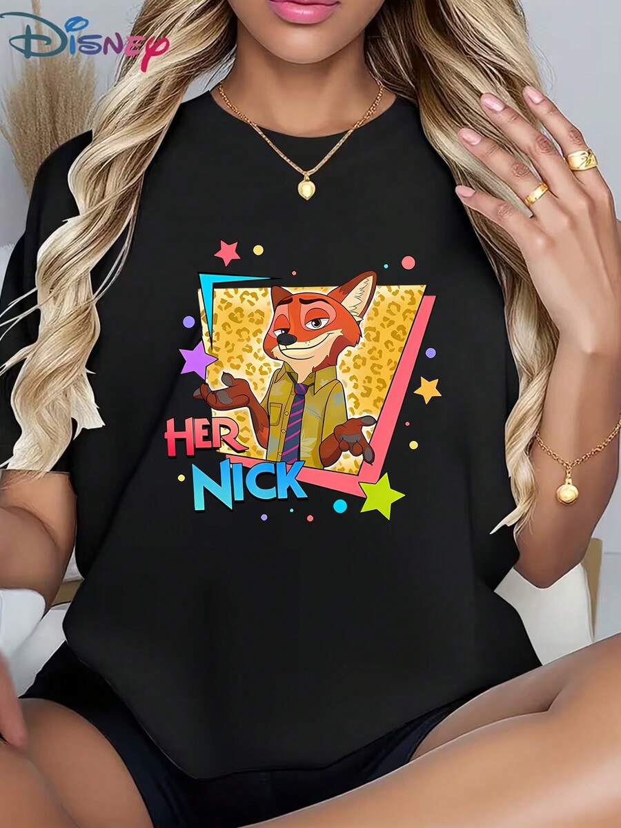 Casual Women's Disney Graphic T-Shirt, Featuring Nick Wilde "Her Nick" Design (Red Fun Print) - Versatile For Dates, Hangouts & Casual Outings, Popular Women's Cartoon TeeMade From Soft, Comfortable, And Durable Pure Cotton, This Is An Ideal Choice For Spring And Summer. This Crew Neck T-Shirt Is Suitable For Various Occasions, Including Everyday Wear, Shopping, Parties, Travel, And Gatherings, And Also Makes A Thoughtful Gift. - White - View 1