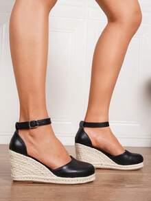 女士厚底坡跟一脚蹬鞋，女士厚底坡跟凉鞋，简约踝带草编鞋，人造革坡跟凉鞋，夏季度假黑色方头一脚蹬踝带鞋，3.15英寸鞋跟，舒适编织草镂空鞋，尺码34-43，大码女鞋，女士高跟鞋，女士高跟凉鞋，女士高跟鞋，优雅女鞋 - 黑色 - 查看 9