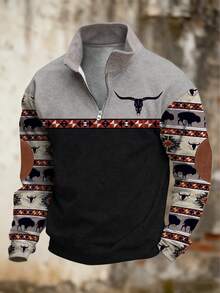 Áo polo nam kiểu dáng cổ điển miền Tây, phối nhiều mảnh vải, khóa kéo nửa thân, in hình đầu lâu và họa tiết hình học, thích hợp cho các hoạt động thường ngày, du lịch, ngoài trời, đi làm. Màu kaki, nâu, đen, đỏ, xanh navy, xám, thích hợp cho mùa xuân và mùa thu. - màu đen - Xem 8