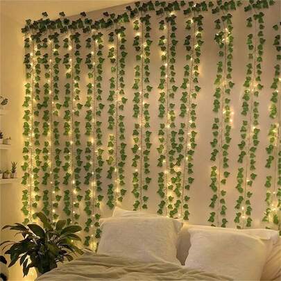 1pc, 105LED String Light Fake Vines For Room Decor, 3x1m/9.84ftx3.28ft LED Curtain Fairy Lights, USB Artificial Ivy Garland Hanging Plants Faux Greenery Leaves Bedroom Aesthetic Decor For Home Garden Wall Wedding