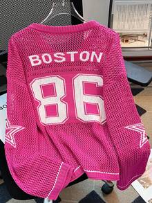 Áo nỉ rộng rãi, dáng suông mùa hè dành cho nữ, in số, kiểu dáng thanh lịch, thoáng mát, thích hợp mặc mùa xuân. - Màu Hồng Tươi - Xem 3