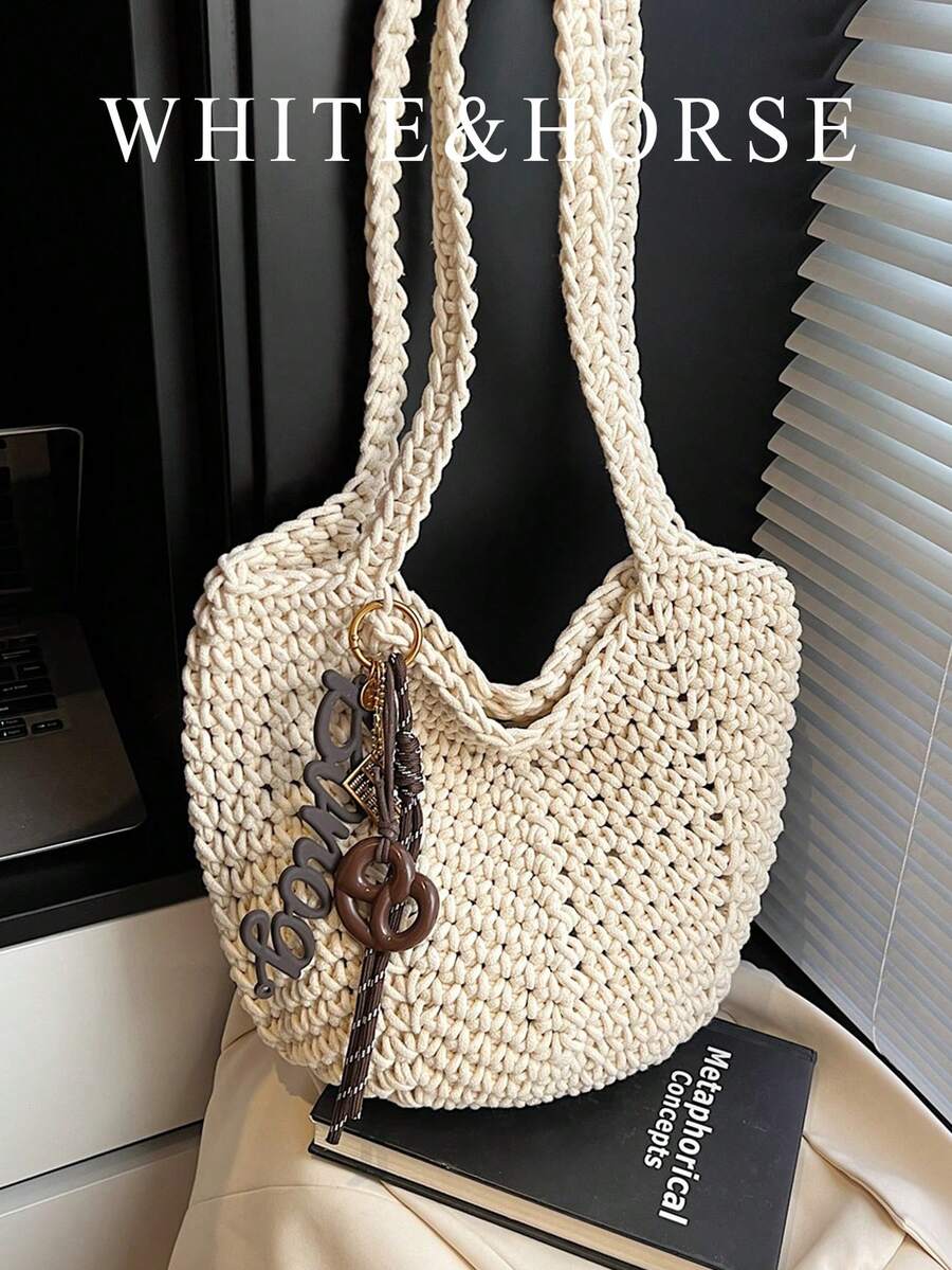 夏季海滩度假手提包，2023新款设计，大容量镂空编织单肩包，通勤两用 - 米色 - 查看 1