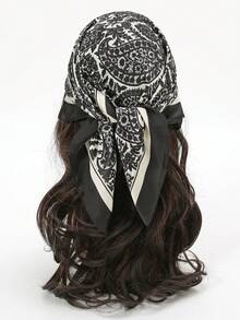 26.77 Inch Silk-Like Printed Square Scarf 68cm, Women's Fashion Breathable Multifunctional Headband Neckerchief Accessory, 1pc - Black - View 4