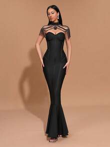 Sexy Strapless Mermaid Style Long Evening Gown, With Pearl Decor Fringed Cape Design, Bodycon Fit, Suitable For Parties, Balls, Banquets - Black - View 6