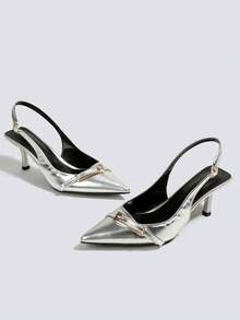 Women's Silver Backless High Heel Pumps, Party Formal Wedding Mary Jane Pointed Toe Slip-On High Heels - Silver - View 3