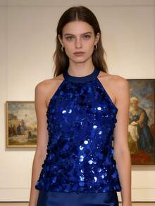 Women's Solid Color Sequined Crew Neck Halter Top  Soft Breathable Y2K Daily Club Party - Blue - View 3