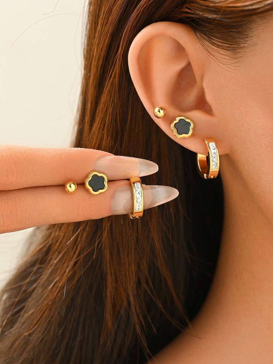 3 Pairs Stainless Steel Micro-Inlaid Diamond Flower Stud & Hoop Earrings Set, Fashionable & Versatile For Daily Wear - Multicolor - View 1