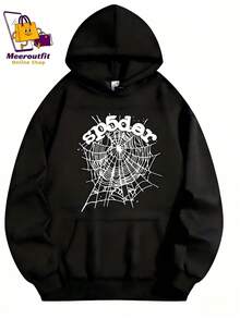 Black Hoodie |     Spider Web Graphic, 2000s Streetwear  Thickened Hooded Pullover With Pockets - màu đen - Xem 1