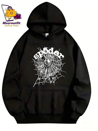 Black Hoodie |     Spider Web Graphic, 2000s Streetwear  Thickened Hooded Pullover With Pockets