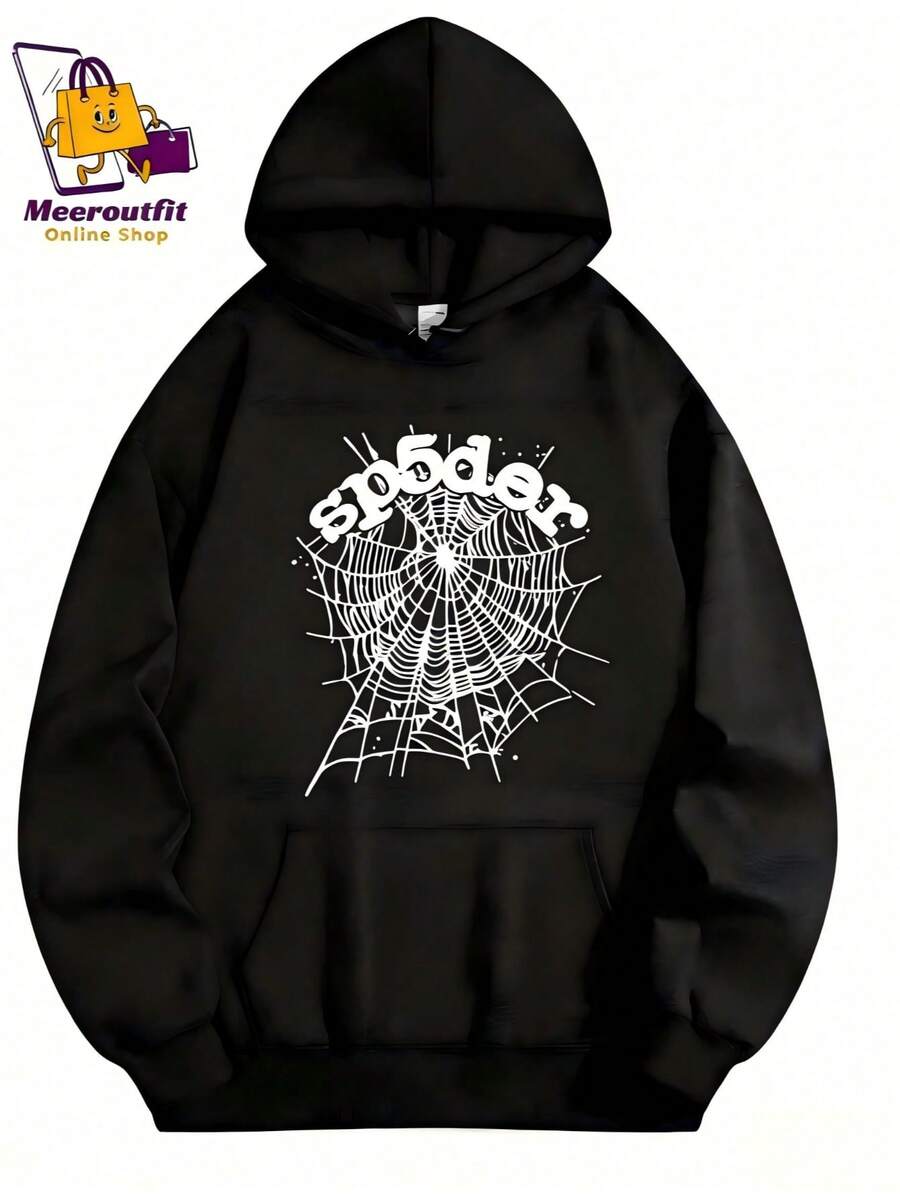 Black Hoodie |     Spider Web Graphic, 2000s Streetwear  Thickened Hooded Pullover With Pockets - màu đen - Xem 1