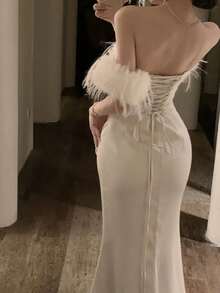 Elegant Chic Bodycon Satin Party Women Summer Sexy Solid Tie Back Prom Formal Evening Dress - Apricot - View 3