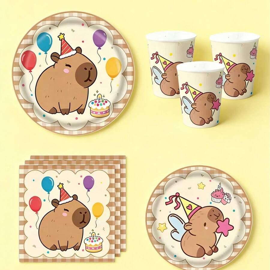 This Capybara 50-Piece Disposable Cutlery Set Includes 10 Dinner Plates, 10 Dessert Plates, 10 Paper Cups, And 20 Napkins. This Convenient Cutlery Set Is Perfect For Camping, Picnics, Garden Barbecues, Baby Showers, Weddings, And Birthday Parties. - Multicolor - View 1