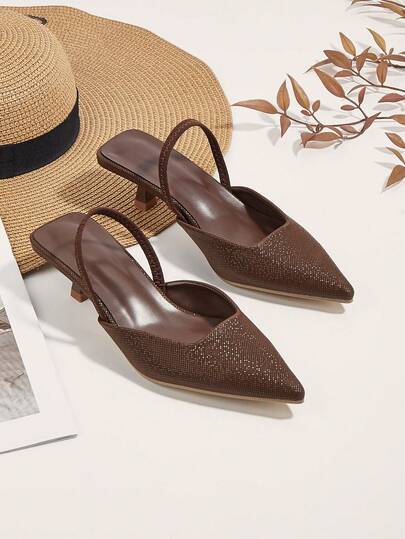 Women's New Sparkling Kitten Heel Shoes, Elegant Pointed Toe High Heels, Fashionable Ankle Strap Open Toe High Heels, Spring/Summer