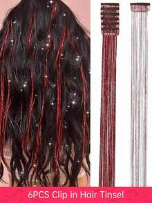 Hair Tinsel Kit Glitter Hair Tinsel Clip In Sparkling Shiny Fairy Hair Tinsel Hair Extensions For Halloween Christmas Party 22 Inch Pink 6PCS/PACK - Đỏ - Xem 13