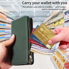 1pc Flip Cover Protective Case Compatible With Apple 17 Pro Max, Wallet Phone Case With Card Slot, Shoulder Strap, Zipper Pocket For Coins, A56 Phone Protective Cover - Dark Green - View 7