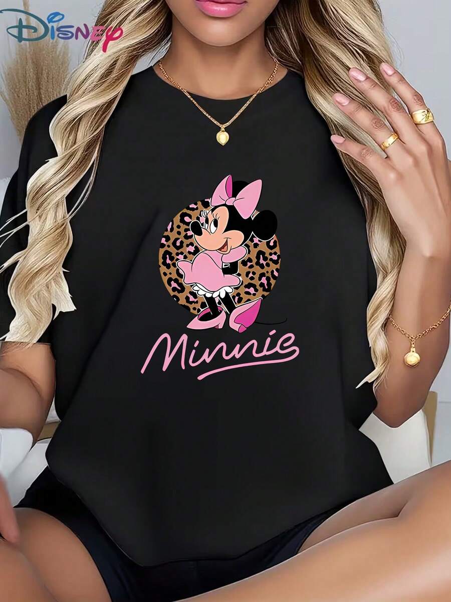 Casual Women's Disney Graphic T-Shirt, Featuring Minnie Mouse Leopard Circle Design (Street Style Vibe) - Versatile For Dating & Daily Looks, Popular Women's Red Graphic T-ShirtMade From Soft, Comfortable, And Durable Pure Cotton, This Is An Ideal Choice For Spring And Summer. This Crew Neck T-Shirt Is Suitable For Various Occasions, Including Everyday Wear, Shopping, Parties, Travel, And Gatherings, And Also Makes A Thoughtful Gift. - White - View 1