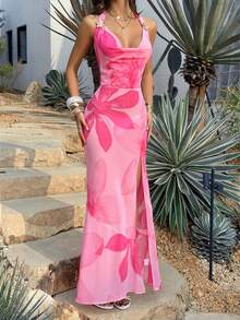 Đầm maxi nữ màu hồng in hoa gợi cảm, dây mảnh, cổ khoét sâu, hở lưng, thắt nơ, cạp cao, thích hợp cho kỳ nghỉ, đi biển, dự đám cưới. - Hồng - Xem 7