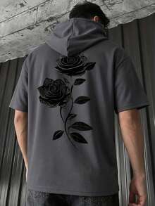 Áo thun ngắn tay có mũ kiểu hiphop mùa hè 2 trong 1, in họa tiết graffiti hoa hồng Gothic, áo chui đầu thời trang đường phố có dây rút. - Màu xám đen - Xem 2
