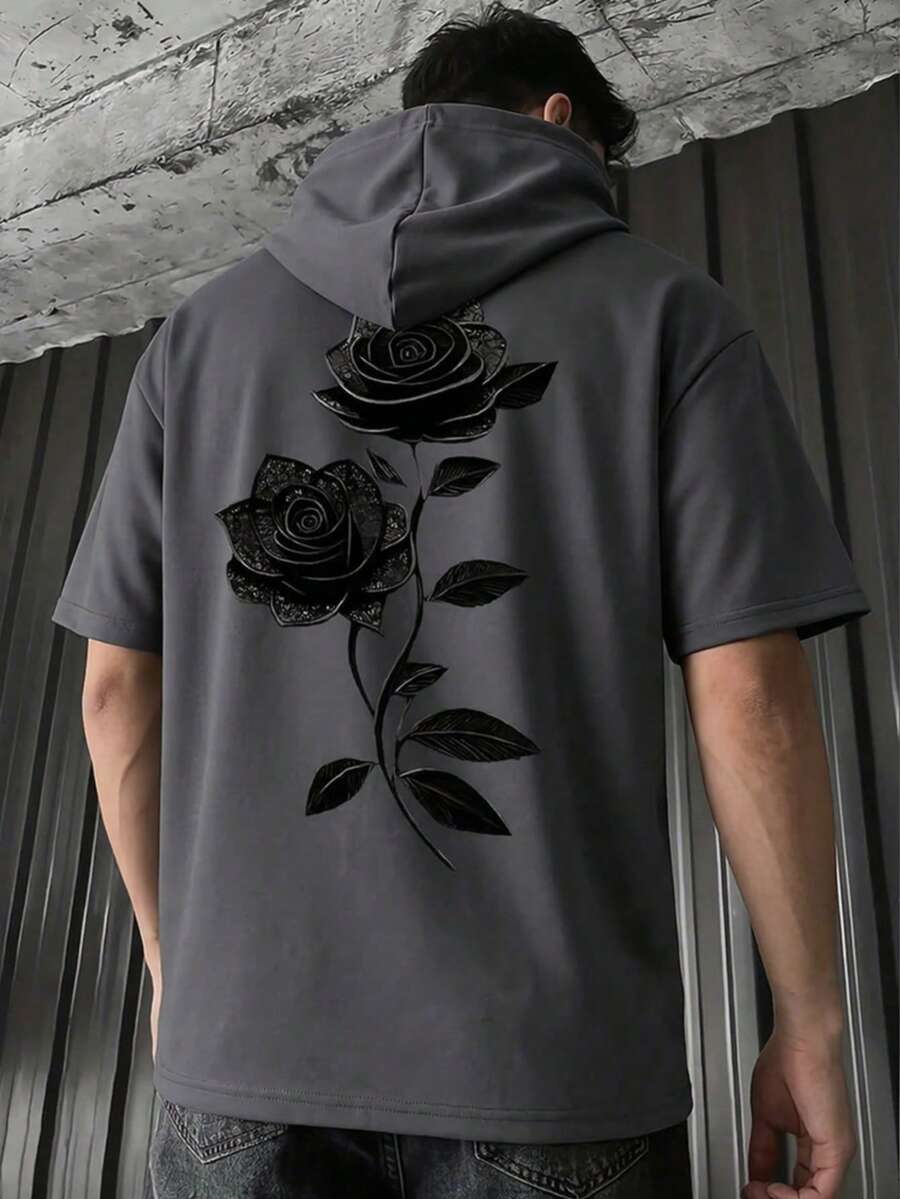 Summer Hiphop Style 2 In 1 Short Sleeve Hooded T-Shirt, Gothic Rose Graffiti Print, Street Fashion Pullover Top With Drawstring - Dark Grey - View 1