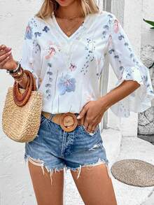 Plus Size Women V-Neck Embroidered Floral Batwing Sleeve Top Vacation White - White - View 2