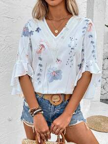 Plus Size Women V-Neck Embroidered Floral Batwing Sleeve Top Vacation White - White - View 4