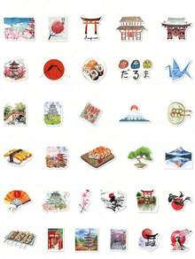 64pcs Vintage Style Japan Travel Watercolor Stickers, Nostalgic Small Items, Architecture, For Scrapbooking, Notebook, Planner,For School Supplies,Back To School - 多色 - 查看 2