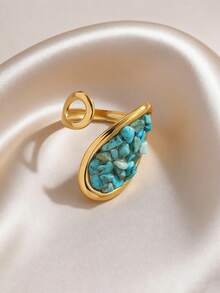 2026 New Year Of The Horse Contrast Color Natural Stone Open Ring, Turquoise & Tiger Eye Dual Tone Boho Style Butterfly Turquoise Ring, Unique Fragmented Stone Combination Ring, Lucky Tiger Eye & Turquoise Jewelry - Gold - View 3