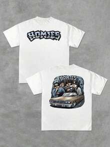 Heavyweight Graphic Tee, Classic Car And Homies Double Sided Digital Printed T Shirt, 100% Cotton, Stylish Casual, Men's 220g, Streetwear, Vintage, Y2K, Oversized, Lowrider, Chicano Free Shipping - White - View 12