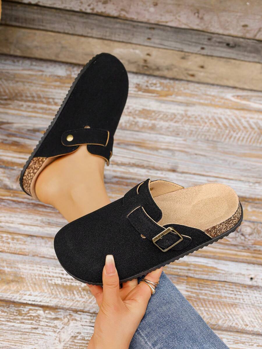 Women's Platform Slip-On Mules, Retro Thick-Sole Adjustable Buckle Round Toe Casual Loafers - Black - View 1