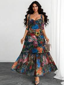 女士优雅时尚法式性感蝴蝶结双层蓬蓬裙浪漫波点连衣裙，适合日常穿着、度假和约会 - 彩色 - 查看 4