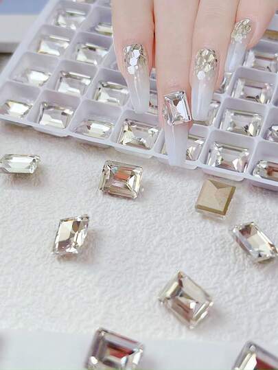 10个装3D方糖形状美甲饰品，尖底装饰，长方形水晶美甲饰品，DIY美甲水钻，美甲装饰艺术，人造宝石美甲工具配件，女士和女孩美甲用品