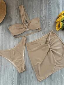 New Arrival Spring/Summer European And American Casual Sexy Red One-Shoulder 3-Piece Women Bikini Swimsuit, Beach Holiday Party Date - 卡其色 - 查看 4