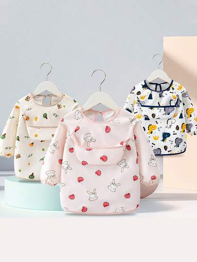 1件卡通可爱便携式围兜，婴儿长袖围兜，柔软防水全身围兜带口袋，适合喂食、玩耍、绘画，防污。