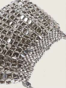 Nova Bolsa de Ombro Feminina Feita à Mão com Contas de Metal Trançado, Bolsa de Massa Trançada Vazada, Bolsa com Contas de Pérola Prateada - Prata - Visão 5