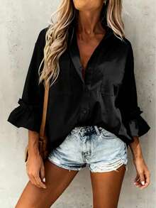 Camisa casual minimalista y encantadora de manga 3/4 con cuello de botones, blusa minimalista de manga 3/4 con puño de volantes, mujer primavera negro - Negro - Ver 7