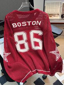 女士夏季宽松大码卫衣，休闲数字印花优雅轻盈镂空针织上衣，春季款 - 酒紅色 - 查看 3