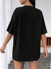 Camiseta con Hombros Caídos y Estampado de Lema: Vibra Positiva de Mente, Vida - Negro - Ver 4