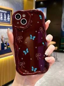 蝴蝶图案奶油色波浪边酒红色简约防震加厚手机保护壳，适用于 17/17 Pro/17 Pro Max、16 XR/7/8、15 Pro Max、12 Pro Max、13 Pro Max、14 Pro Max、13、14、11、12P、14P、11P、12P、XS、XR、7/8P、7/8 GES2等机型。 - 彩色 - 查看 3