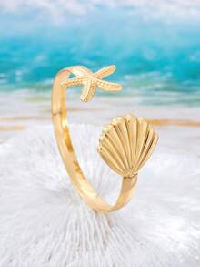 3pcs/Set Minimalist Gold-Tone Beach Vacation Theme Starfish Shell Water Drop Thick Bracelet Set, Suitable For Women, Solid Metal And Zinc Alloy Material - Yellow Gold - View 5