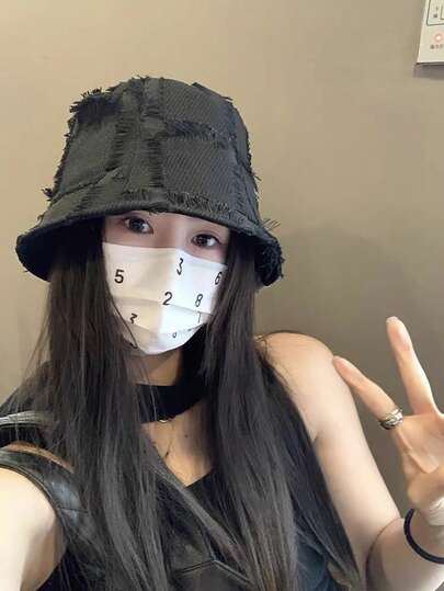 1pc Women's Bucket Hat, Fringed Plaid Pattern, Sun Protection, Letter Embroidery, Flattering Bucket Hat, Spring/Summer/Autumn